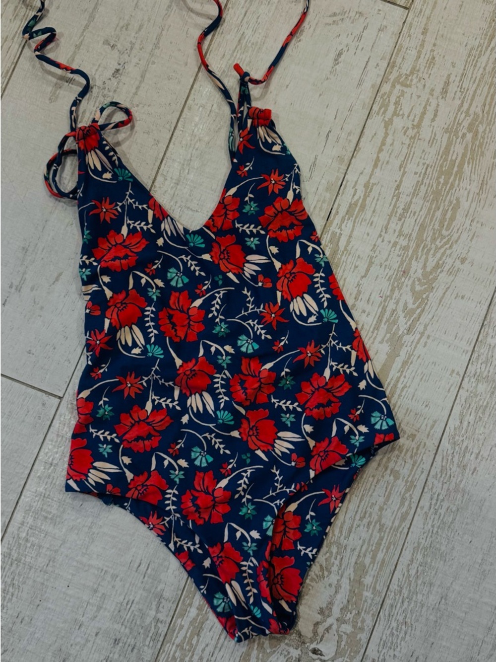 Tori Praver Swimwear Navy One-Piece with Red Floral Print